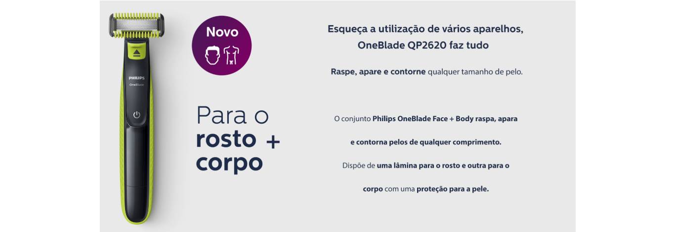  Aparador de Pelos Elétrico Philips OneBlade Rosto e Corpo Preto/Verde - QP2620/10